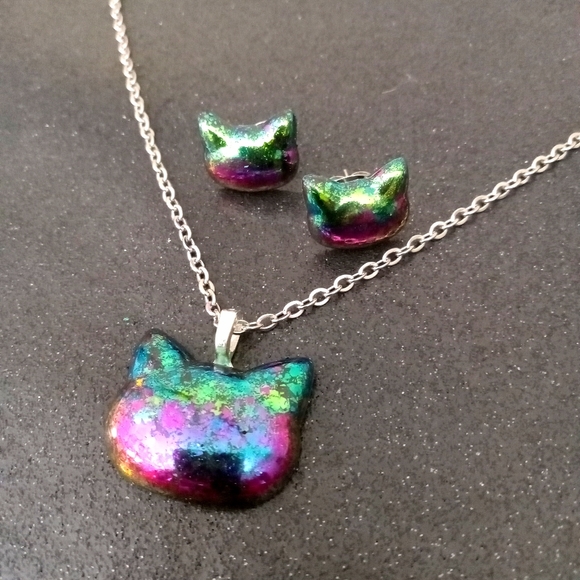 Rainbow color shift cat stud earrings and necklace jewelry set new handmade New - Picture 6 of 8